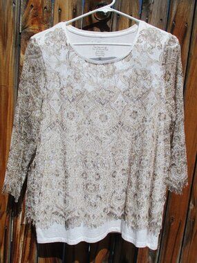 By Chico's Lace Overlay Fringed Hem Top Size M Ivory Brown Cream EUC